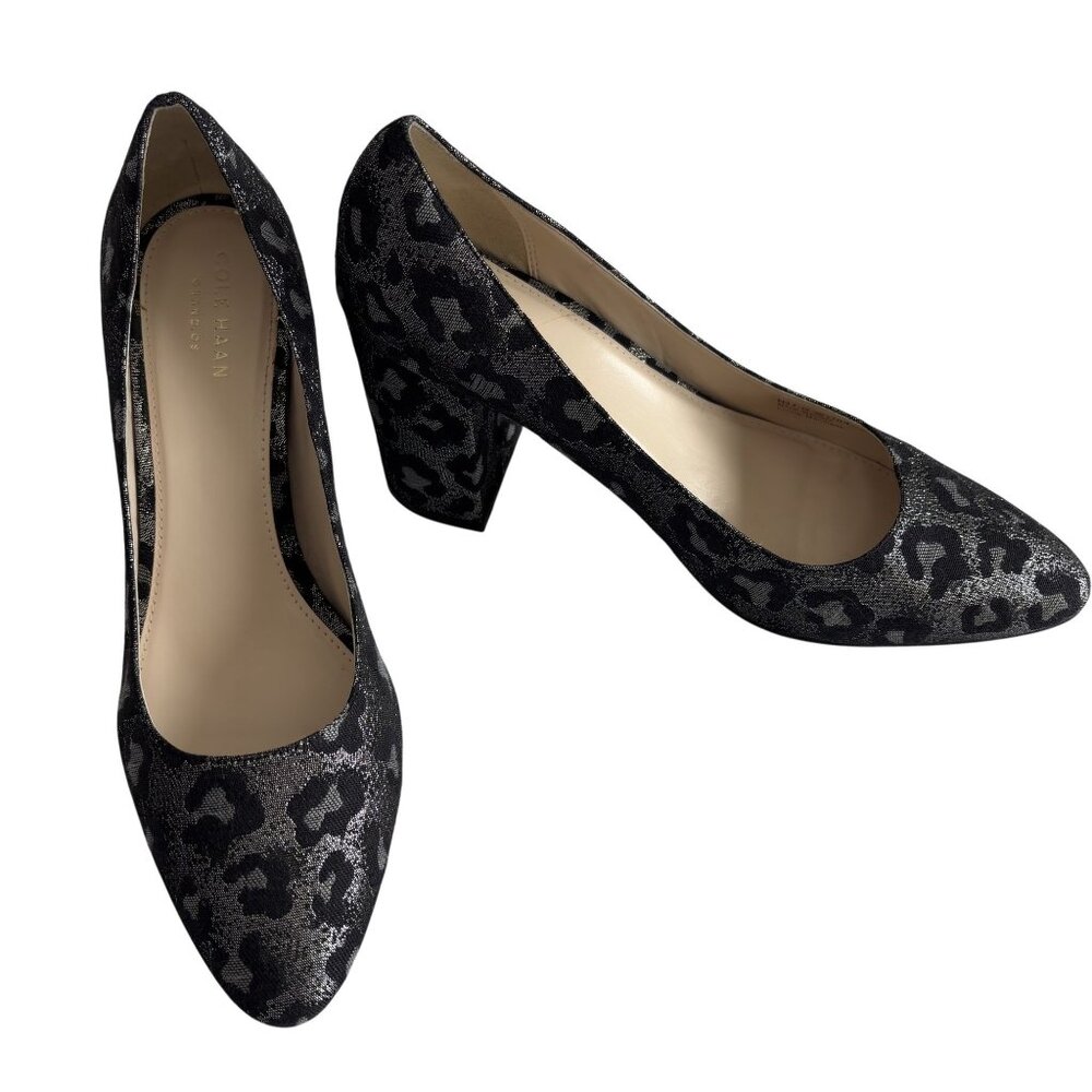 Cole Haan Leopard Print Chunky Heel Pumps Size 8.5 Black/Silver - Picture 1 of 11